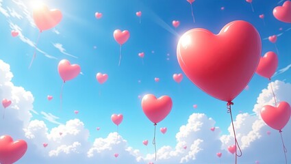 Globos en forma de coraz&oacute;n flotando en un cielo azul brillante con nubes blancas y luz solar