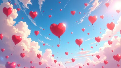 Cielo rom&aacute;ntico con globos rojos en forma de coraz&oacute;n flotando entre nubes esponjosas