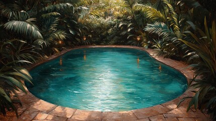 Secluded tropical pool surrounded by lush greenery.