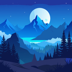 Night Landscape with Moonlit Mountains and Giant Full Moon – Serene Nocturnal Scene