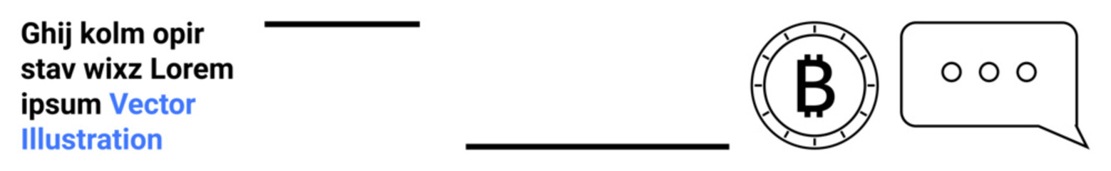 Bitcoin coin, speech bubble, and text elements with black and blue lines. Ideal for cryptocurrency, finance, communication, modern design, marketing, business, tech themes. Landing page