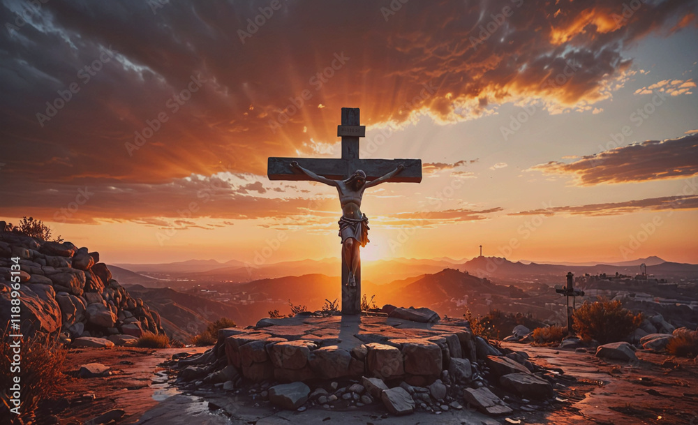 Aufkleber Cross is on a rock with a man in the middle of it. The sun is setting behind the cross