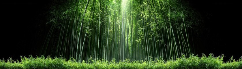 Fototapeta premium Lush Green Bamboo Forest with Sunlight Streaming Through Tall Stalks and Dense Foliage
