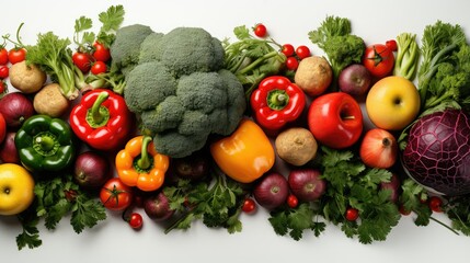 Assortment of Fresh Colorful Vegetables and Fruits on a White Background