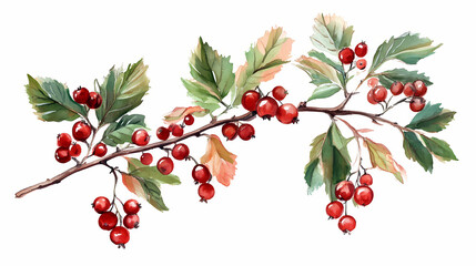 Obraz premium Watercolor hawthorn branch with red berries and green leaves. Thornpath. Illustration