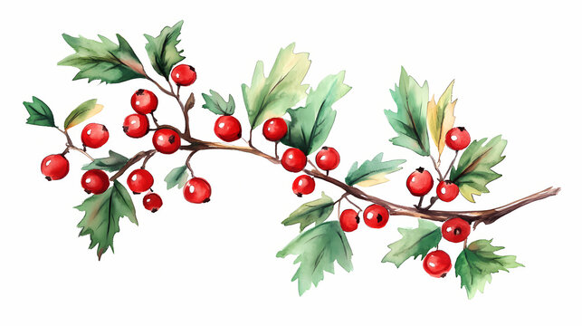 recommend clip art: Watercolor illustration of hawthorn red berries and green leaves on branches. botanical art. hand-drawn clipart. Thornpath. Illustration