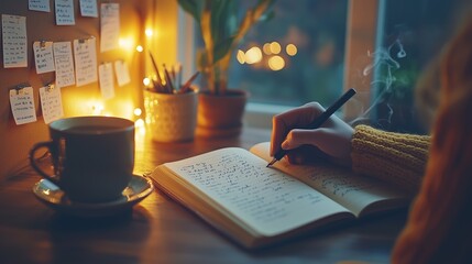 Cozy Evening with Journaling and Warm Beverages by the Window