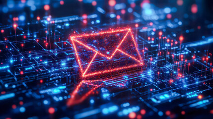 Digital communication symbol illuminated amidst vibrant circuitry at night