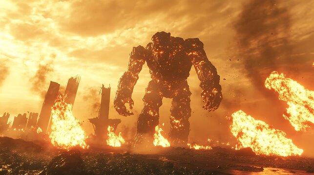 One fire golem with flames erupting from its body in an infernal wasteland