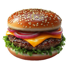 Delicious cheeseburger with fresh toppings and sesame bun