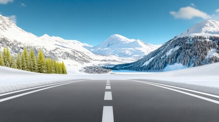 Asphalt road winds through serene snow capped mountains under bright winter sunlight. AI Generated