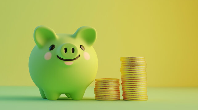 Green pig piggy banks with a smile beside a stack of gold coins, isolated on colorful background - investment success, eco savings concept