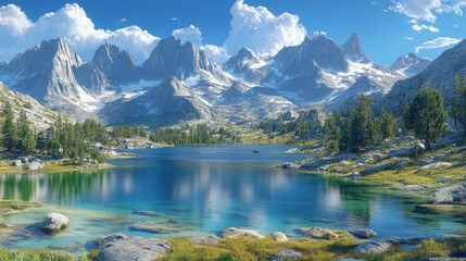 Majestic Mountain Peaks and Tranquil Lake Create a Scenic Landscape of Serenity and Natural Beauty