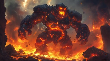 Fire golem in an ancient ruin with lava rivers flowing through it