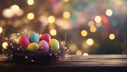 Fototapeta premium A spring time image of a wooden table with an empty area for copy space. There is a nest full of colorful Easter eggs and a bright, cheery bokeh background.