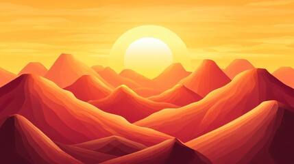 Sunset over Majestic Orange Mountains, Vibrant Landscape Illustration