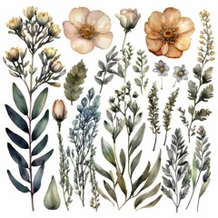 Big set with flowers, twigs and leaves of Adonis. Watercolor illustration in white background. This set is well suited for your various projects: creating cards, invitations, wedding design, etc.