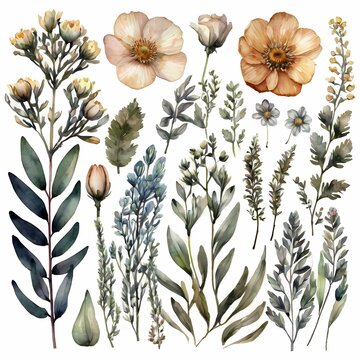 Big set with flowers, twigs and leaves of Adonis. Watercolor illustration in white background. This set is well suited for your various projects: creating cards, invitations, wedding design, etc.