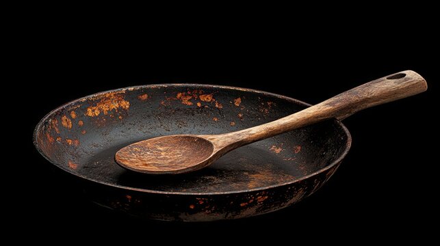 Rustic Wooden Spoon in a Weathered Pan - Vintage Kitchen Utensils