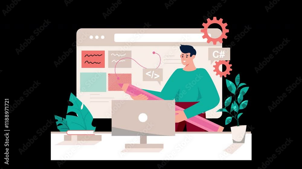 Poster a european man working on coding and design concepts at a computer desk with plants.