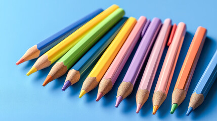 Fototapeta premium Vibrant colored pencils arranged neatly against a bright blue background inspiring creativity and imagination