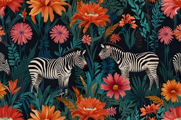 Abstract floral pattern with zebras. Trendy collage contemporary seamless pattern. Generative AI