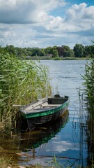 Obraz premium Serene lakeside landscape, green rowboat moored in reeds, reflective calm water, lush green trees and grass, puffy white clouds, summer day, peaceful countryside scene, photorealistic, high detail, so
