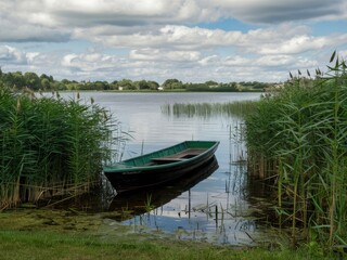 Obraz premium Serene lakeside landscape, green rowboat moored in reeds, reflective calm water, lush green trees and grass, puffy white clouds, summer day, peaceful countryside scene, photorealistic, high detail, so