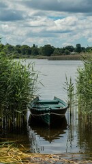 Obraz premium Serene lakeside landscape, green rowboat moored in reeds, reflective calm water, lush green trees and grass, puffy white clouds, summer day, peaceful countryside scene, photorealistic, high detail, so