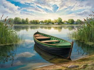 Obraz premium Serene lakeside landscape, green rowboat moored in reeds, reflective calm water, lush green trees and grass, puffy white clouds, summer day, peaceful countryside scene, photorealistic, high detail, so