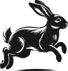 A striking black silhouette of a hare in mid-leap against a pure white background. © zahidID: #10462466