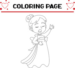 beautiful girl is singing serious song very focus while wearing dress coloring page for kids