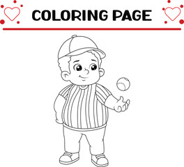 happy young boy dressed red baseball uniform holding ball coloring page for kids
