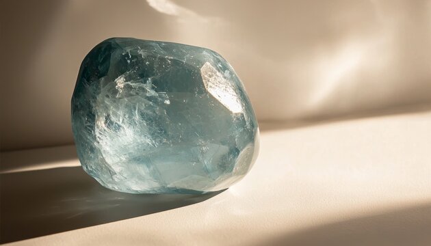 polished aquamarine stone glistening under gentle light, showcasing its vibrant blue hue and velvety smooth surface, surrounded by a soft