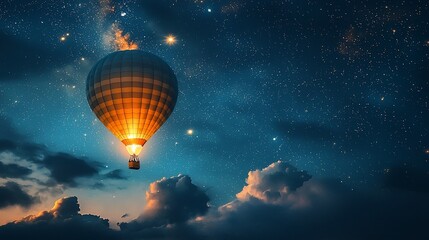 Hot air balloon glowing at night under a starry sky.
