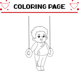 happy cartoon fat boy hanging gymnastic rings coloring page for kids