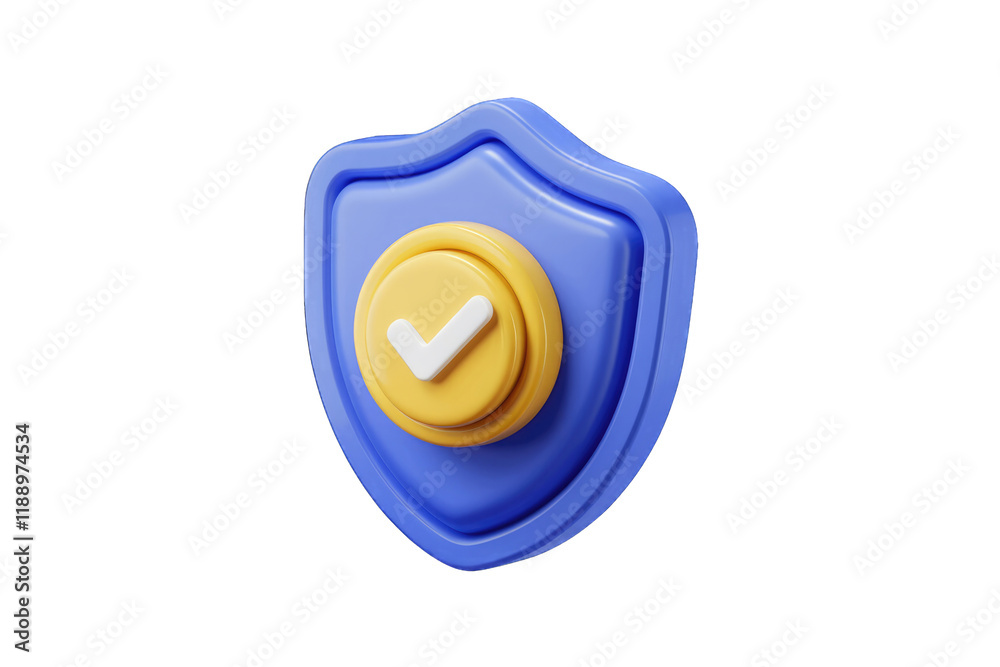 Poster 3D rendering of a blue shield with a yellow checkmark, symbolizing security and approval.