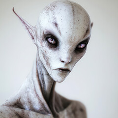 Fototapeta premium Mysterious extraterrestrial figure gazes with an alluring, enigmatic expression in softly lit surroundings