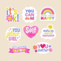 Fotobehang Set of positive thinking concept stickers design. Encourage quotes lettering with cute elements. © NTRdesign