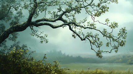 Fototapeta premium Morning dew glistens on the leaves of a lone hawthorn tree , glistening, branches, hawthorn. Thornpath. Illustration