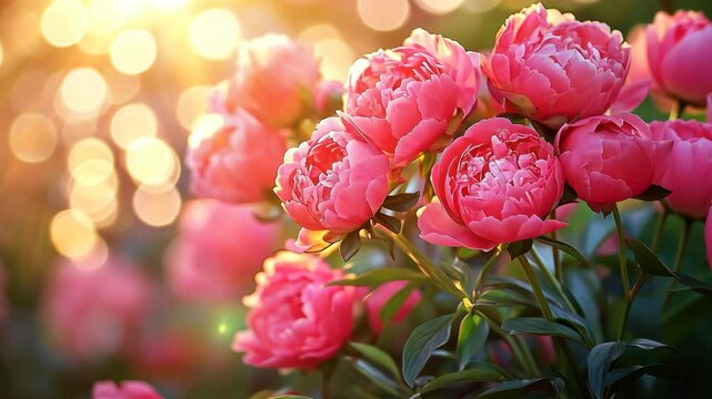 Colorful peonies blooming in sunlight with a soft bokeh effect in a vibrant garden setting