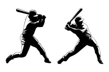 Baseball players swinging bats in action poses, batter hitting vector silhouette, transparent on a white background