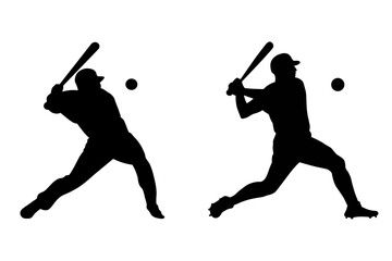 Baseball players swinging bats in action poses, batter hitting vector silhouette, transparent on a white background