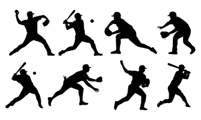 Baseball Player Silhouettes Set in Different Actions - Vector Illustration of Batting, Pitching, Catching, and Fielding Poses for Softball Design Projects