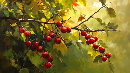 Oil painting showcasing autumn with vibrant red hawthorn berries on branches set against a lush green backdrop highlighting the beauty of seasonal nature. Thornpath. Illustration