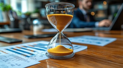 Hourglass on desk with business documents and blurred businessman.