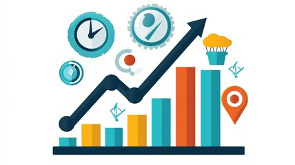 A Growth chart illustration with colorful bars, clock, and icons showing progress