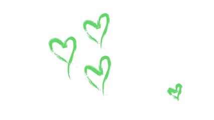 A group of four green hand-drawn hearts displayed on a white background, symbolizing love,positivity and simplicity.Ideal for use in design projects, conveying calm and cheerful emotions that inspire.