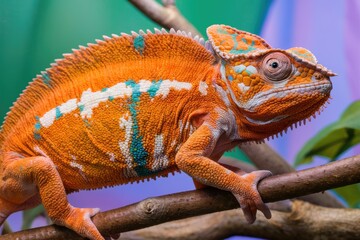 Obraz premium Vibrant chameleon, orange and blue scales, large eyes, curled tail, thin branch, blurred green background, macro photography, textured skin, exotic reptile, colorful lizard, nature close-up, tropical 