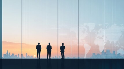 Business professionals stand at large windows observing cityscape at sunset. Urban inspiration, team collaboration clear concepts. Global view suggests global outlook for business strategy. Dynamic